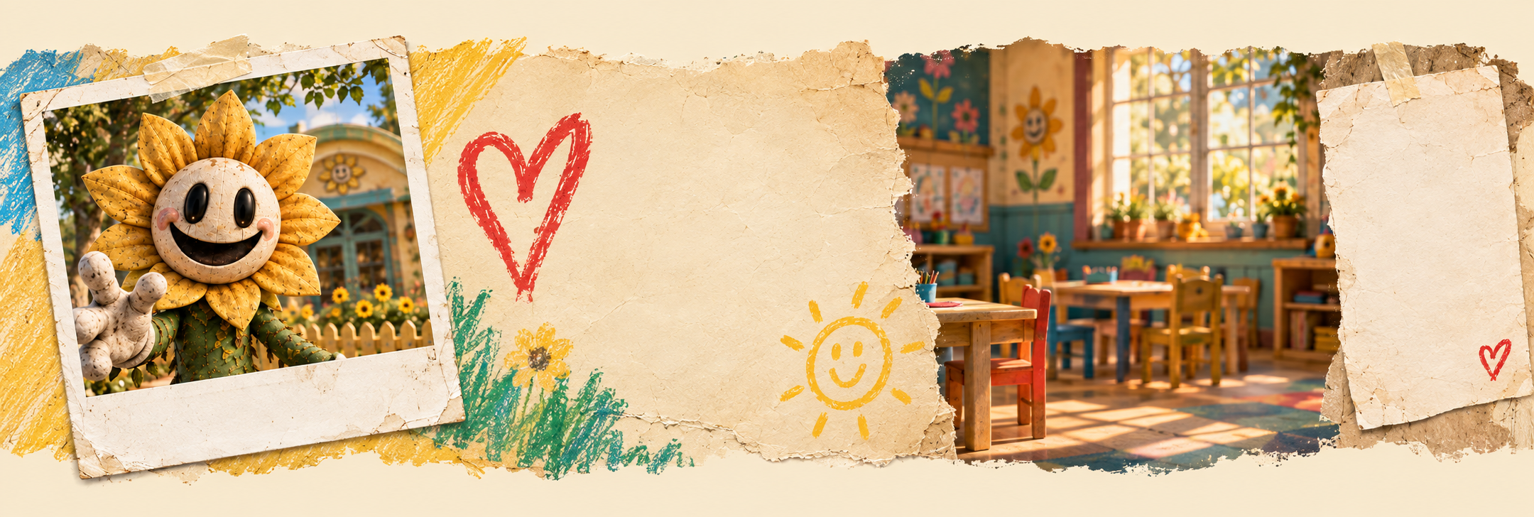 A taped photograph of Mr. Sunflower beside handwritten notes, crayon hearts and a sunlit daycare room.